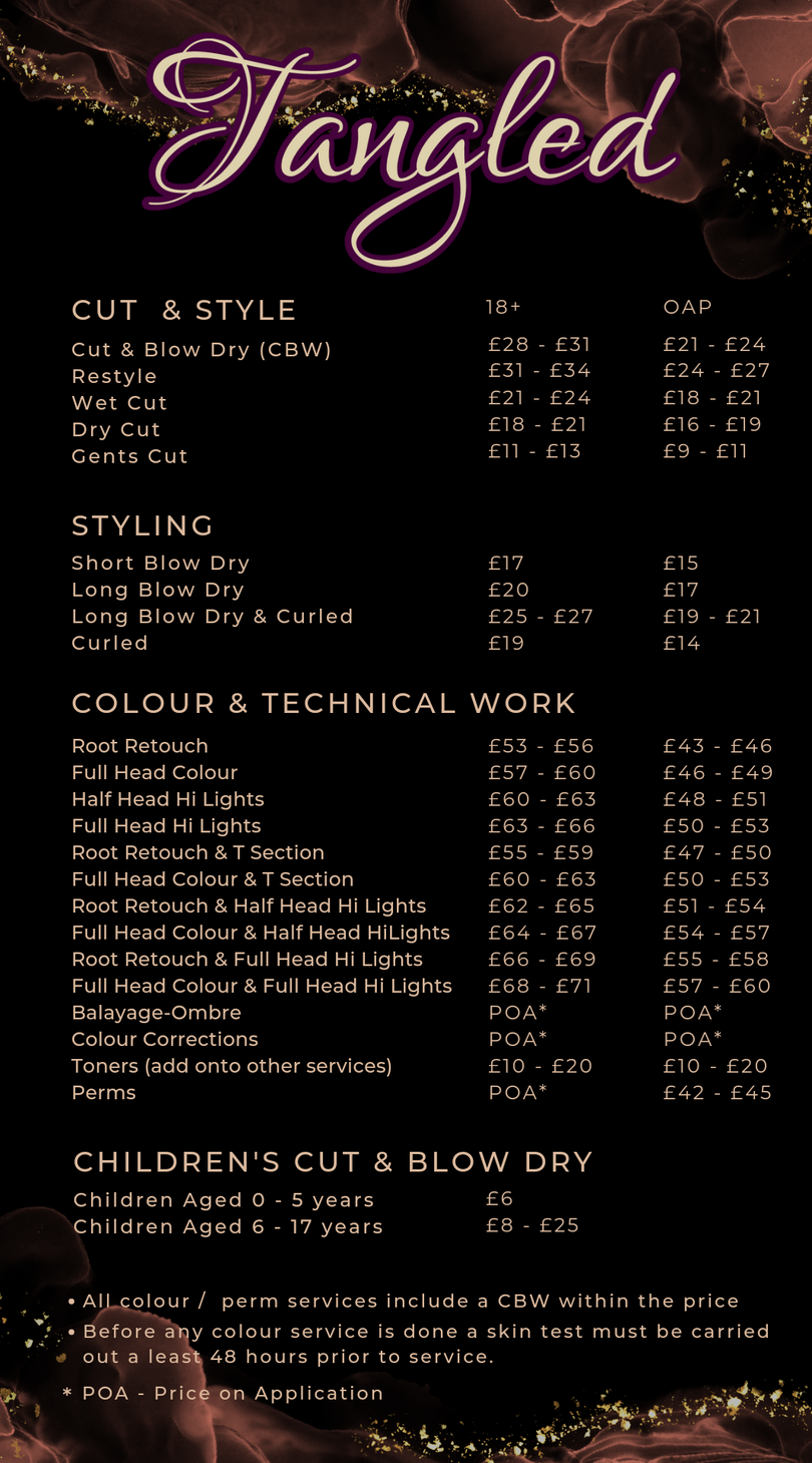 tangled hairdressing price list